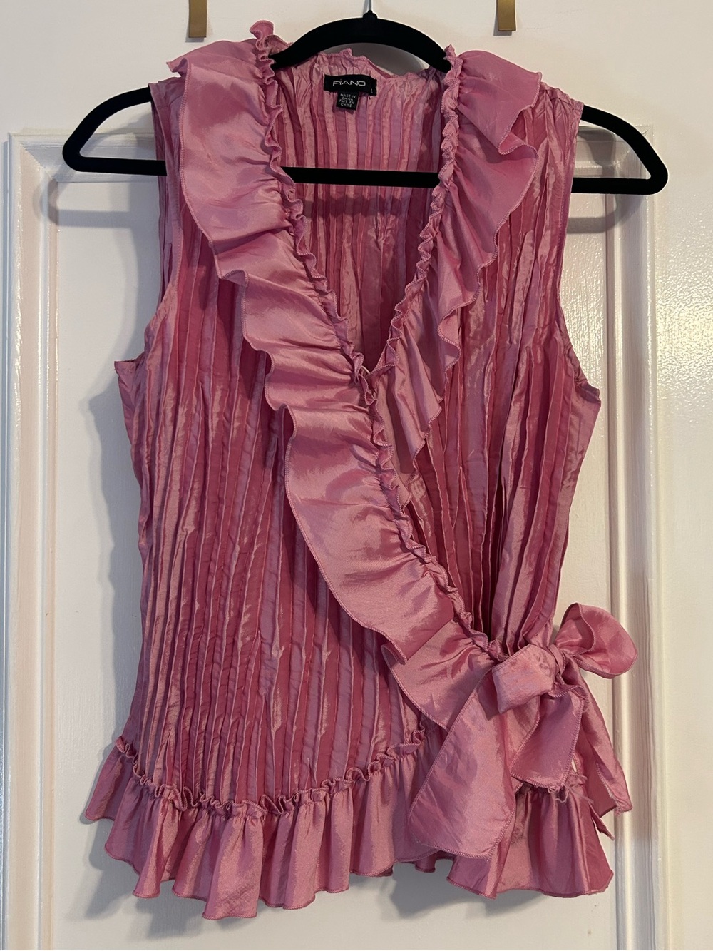 Piano Pink Ruffle Wrap Blouse Crinkle Top Y2K Balletcore Coquette L